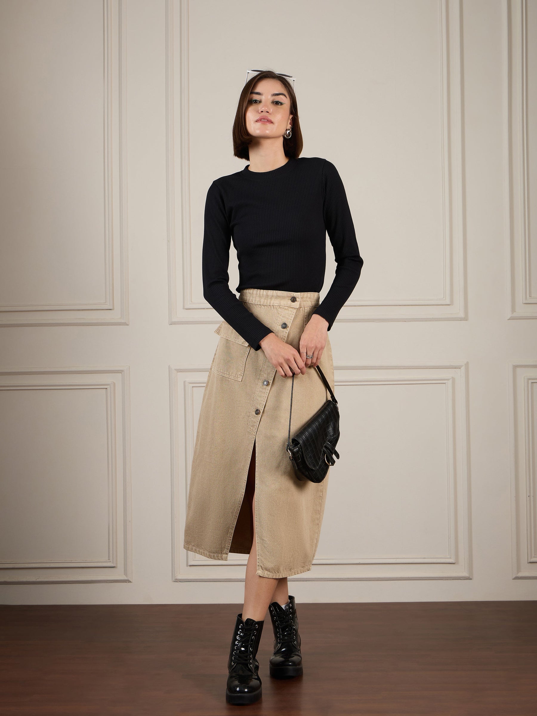 Beige Front Button Wrap Skirt-SASSAFRAS