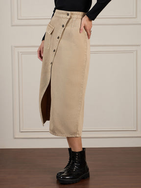 Beige Front Button Wrap Skirt-SASSAFRAS