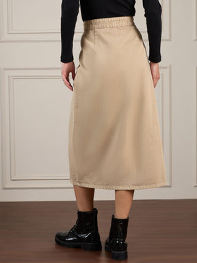 Beige Front Button Wrap Skirt-SASSAFRAS