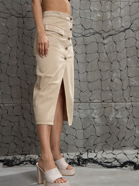 Beige Front Button Wrap Skirt-SASSAFRAS