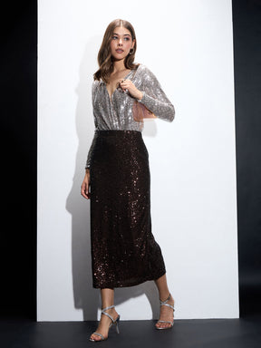 Brown Sequin Pencil Skirt-SASSAFRAS