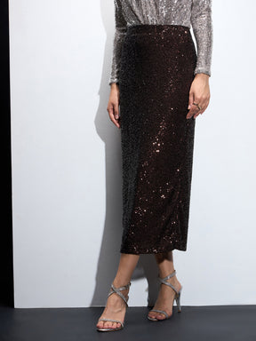 Brown Sequin Pencil Skirt-SASSAFRAS