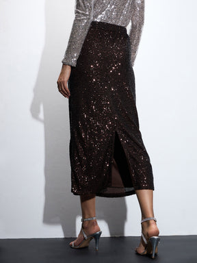 Brown Sequin Pencil Skirt-SASSAFRAS