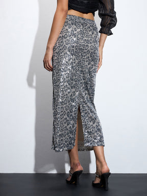 Silver Sequin Pencil Skirt-SASSAFRAS