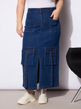 Navy Denim Multi Pocket Front Slit Skirt -SASSAFRAS Curve