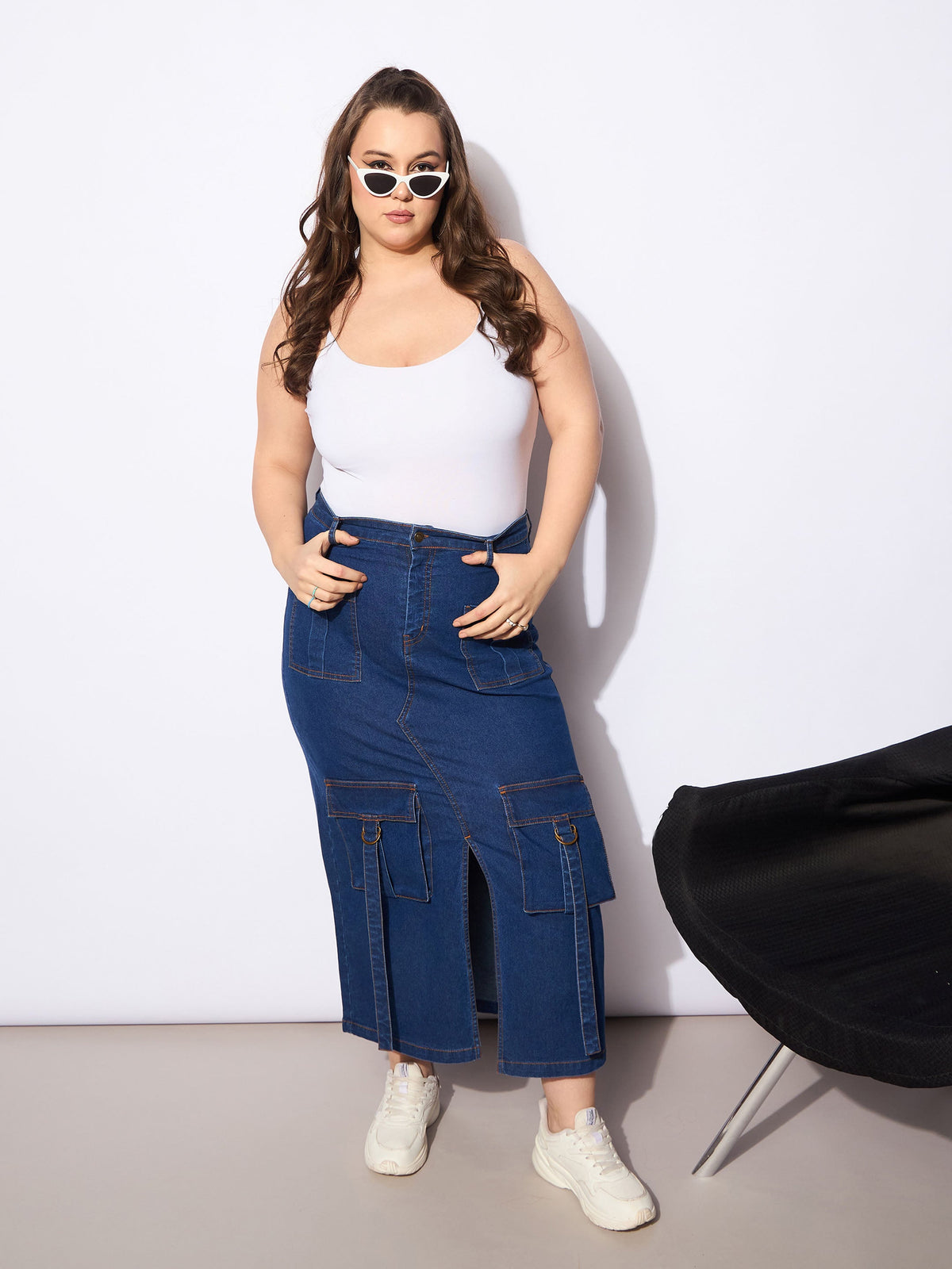 Navy Denim Multi Pocket Front Slit Skirt -SASSAFRAS Curve