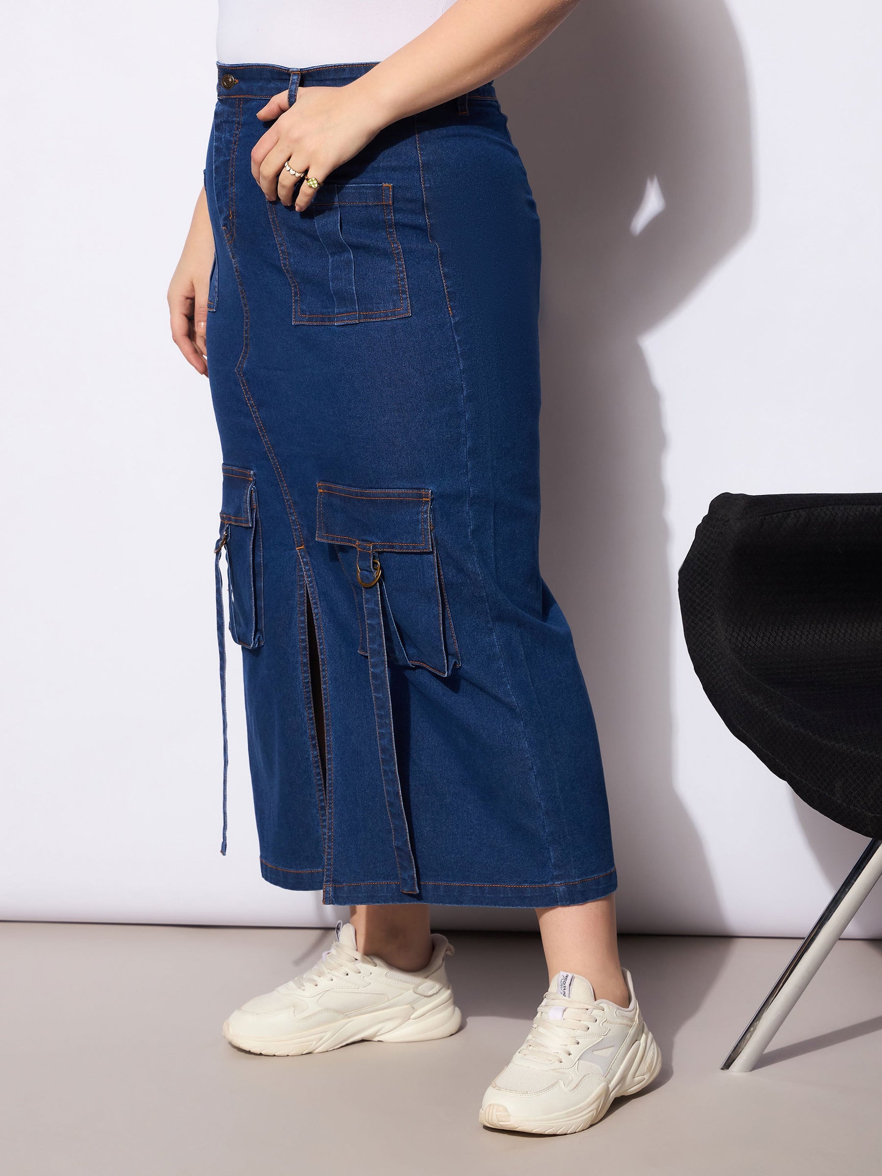 Navy Denim Multi Pocket Front Slit Skirt -SASSAFRAS Curve