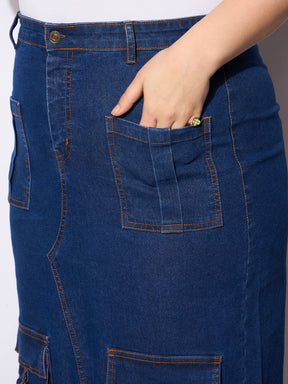 Navy Denim Multi Pocket Front Slit Skirt -SASSAFRAS Curve