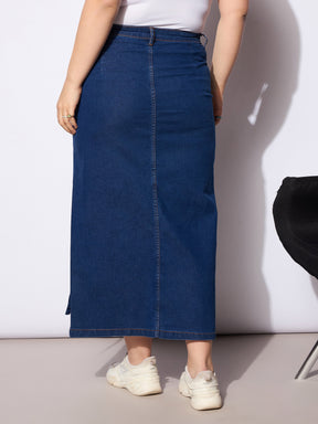 Navy Denim Multi Pocket Front Slit Skirt -SASSAFRAS Curve