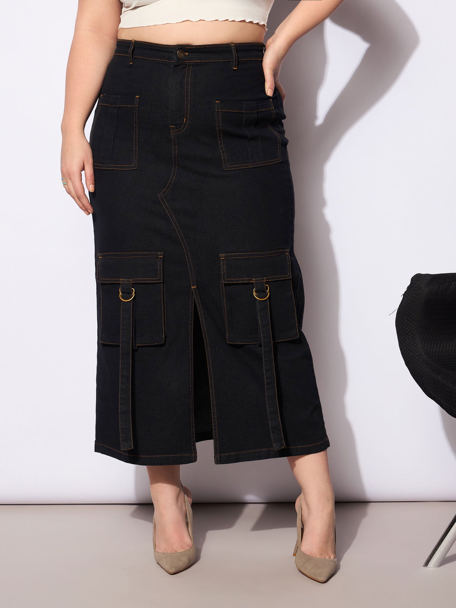 Black Denim Multi Pocket Front Slit Skirt -SASSAFRAS Curve