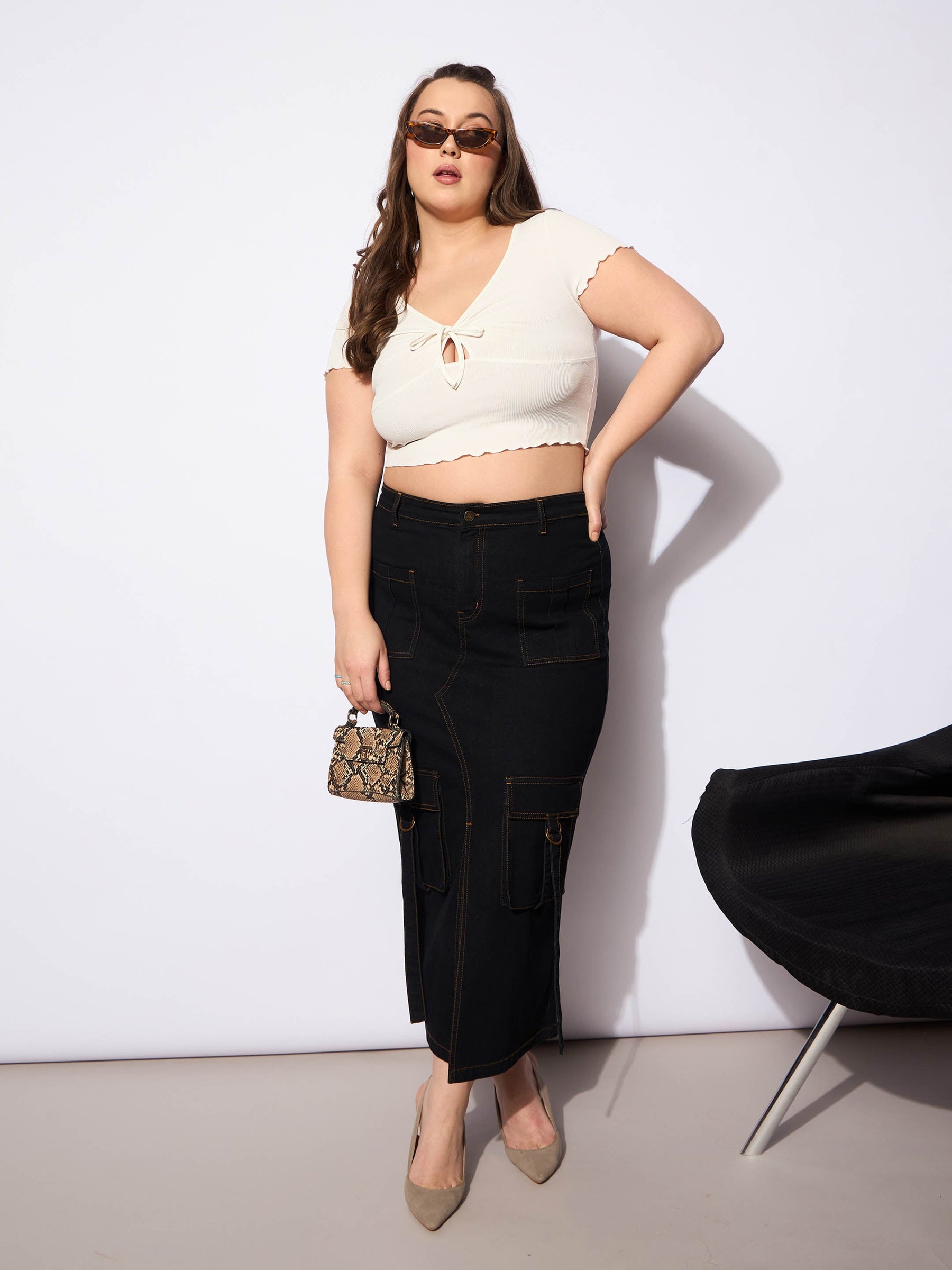 Black Denim Multi Pocket Front Slit Skirt -SASSAFRAS Curve