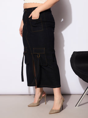 Black Denim Multi Pocket Front Slit Skirt -SASSAFRAS Curve