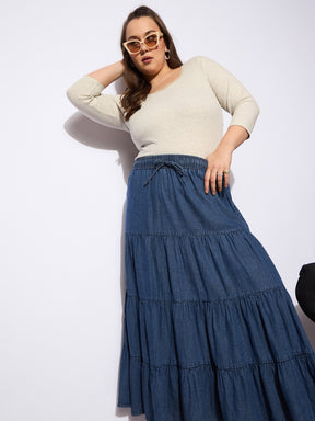 Navy Tencel Front Drawstring Tired Skirt-SASSAFRAS Curve