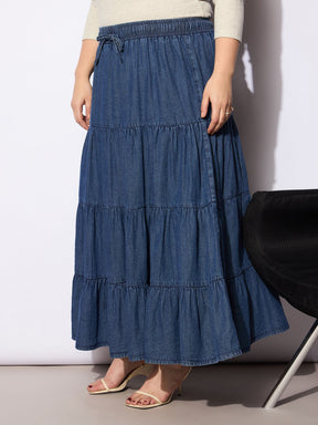 Navy Tencel Front Drawstring Tired Skirt-SASSAFRAS Curve