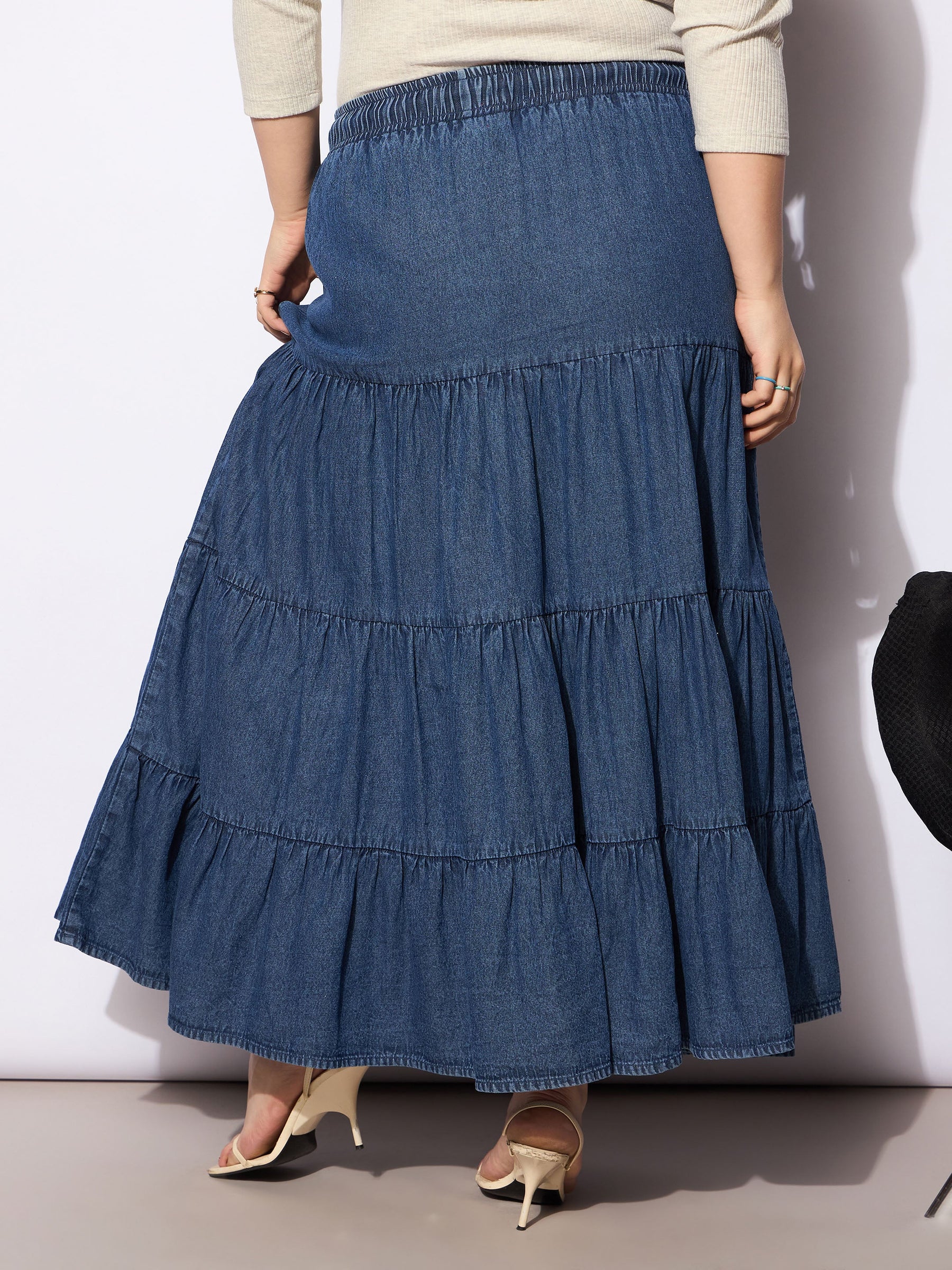 Navy Tencel Front Drawstring Tired Skirt-SASSAFRAS Curve