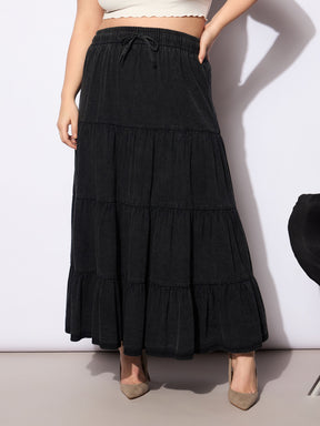 Black Tencel Front Drawstring Tired Skirt -SASSAFRAS Curve