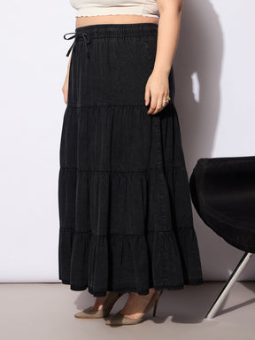 Black Tencel Front Drawstring Tired Skirt -SASSAFRAS Curve