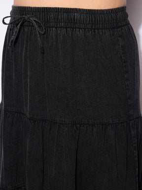 Black Tencel Front Drawstring Tired Skirt -SASSAFRAS Curve