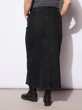 Black Wash Denim Side Slit Skirt -SASSAFRAS Curve