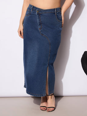 Navy Wash Denim Side Slit Skirt -SASSAFRAS Curve