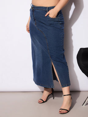 Navy Wash Denim Side Slit Skirt -SASSAFRAS Curve