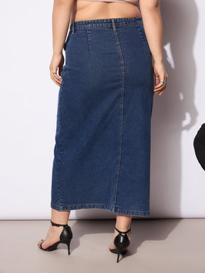 Navy Wash Denim Side Slit Skirt -SASSAFRAS Curve