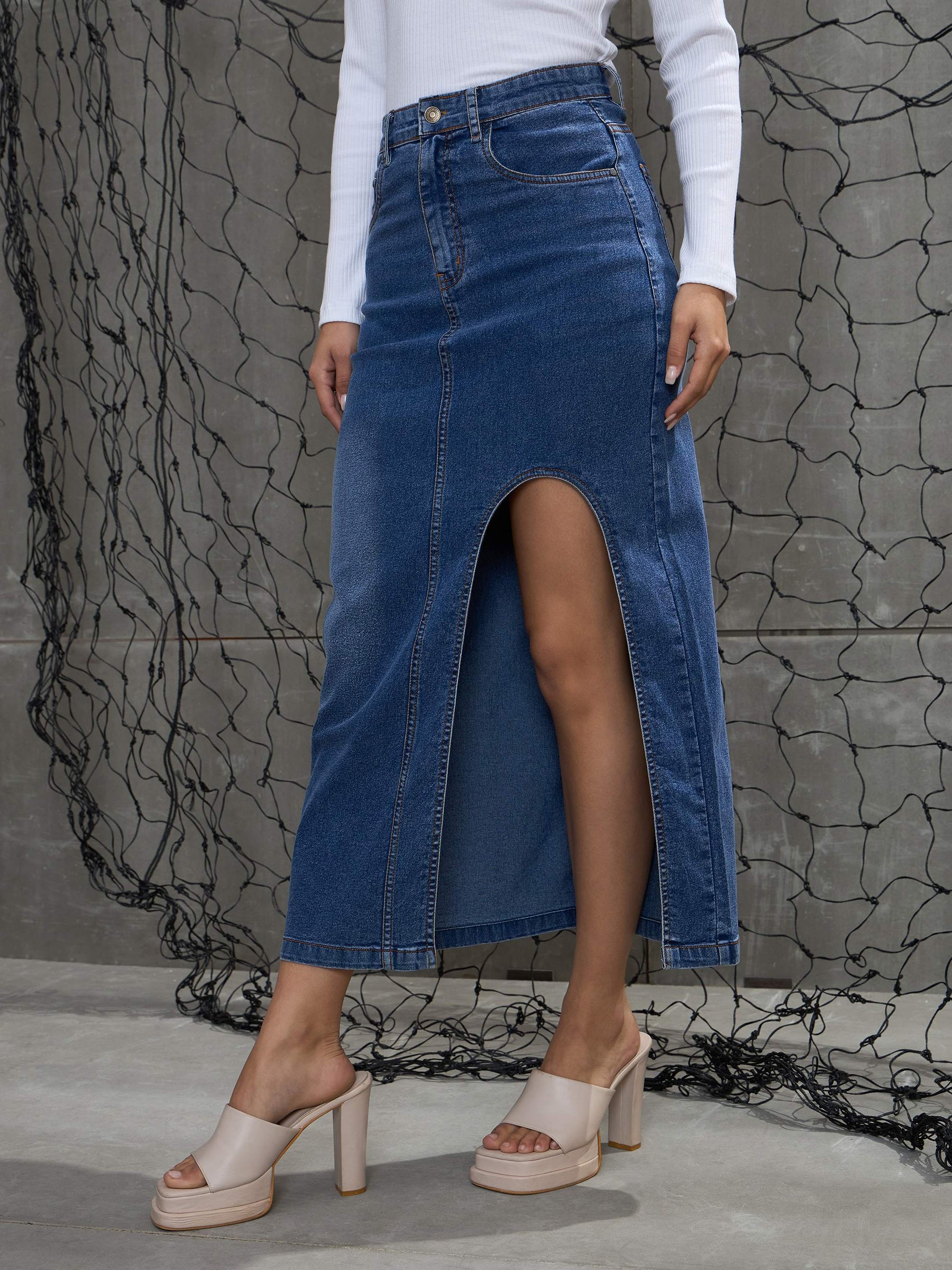 Blue Blast Front Slit Maxi Skirt-SASSAFRAS