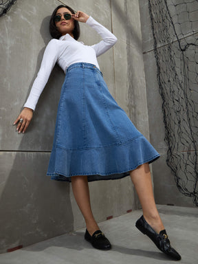 Blue Washed Denim Flared Hem Skirt -SASSAFRAS