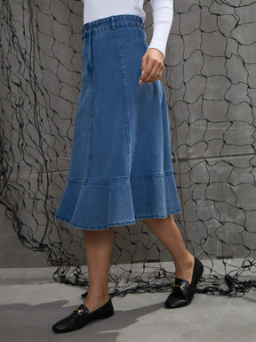 Blue Washed Denim Flared Hem Skirt -SASSAFRAS