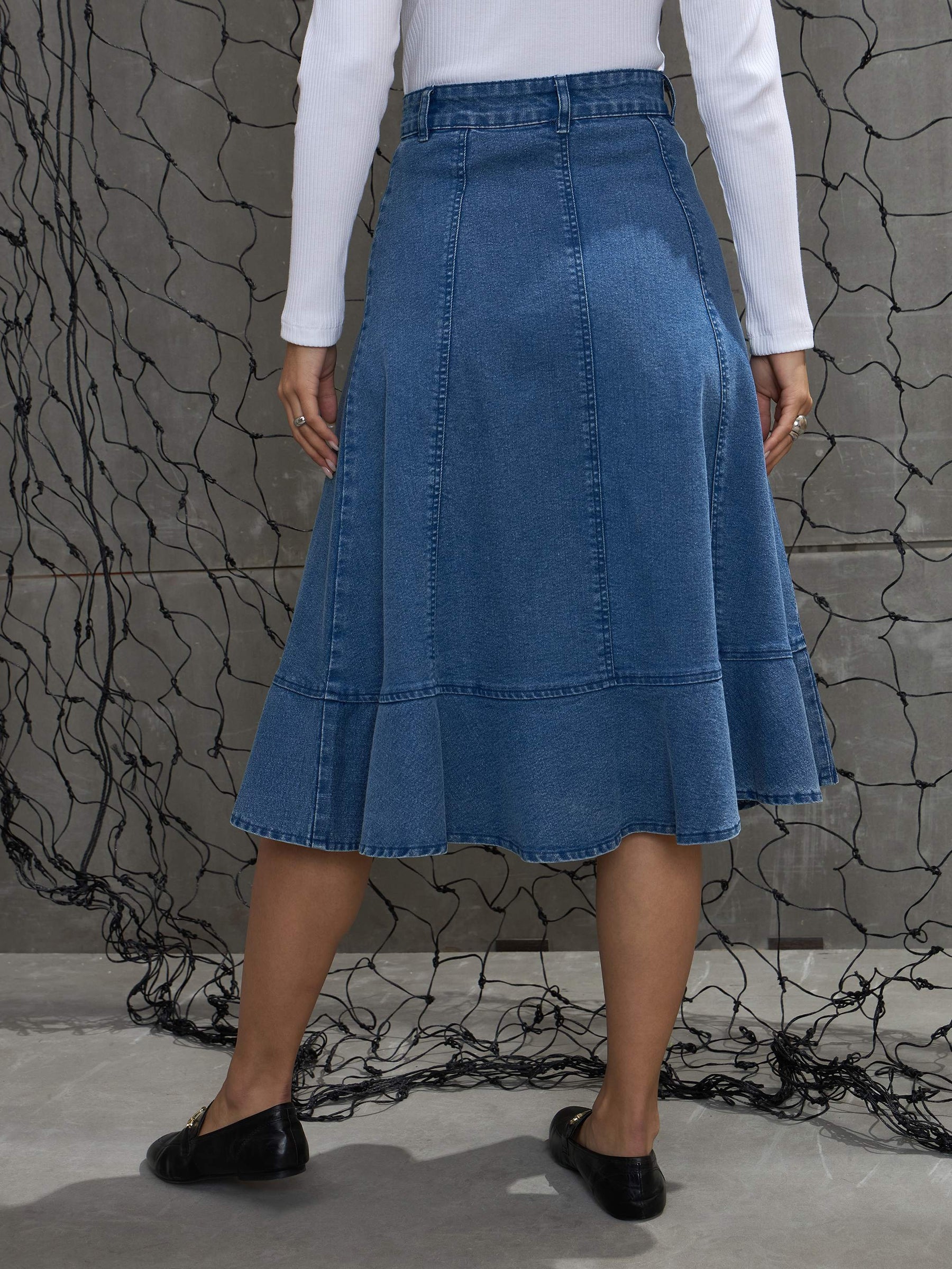 Blue Washed Denim Flared Hem Skirt -SASSAFRAS