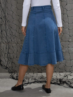 Blue Washed Denim Flared Hem Skirt -SASSAFRAS