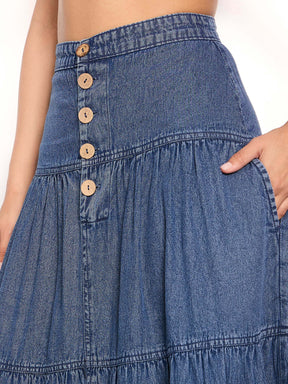 Blue Washed Denim Tiered Maxi Skirt-SASSAFRAS