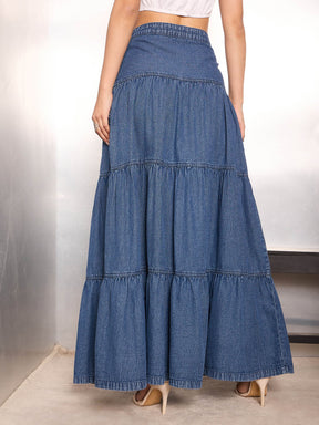 Blue Washed Denim Tiered Maxi Skirt-SASSAFRAS