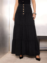 Black Washed Denim Tiered Maxi Skirt-SASSAFRAS