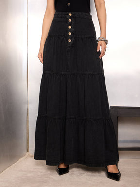 Black Washed Denim Tiered Maxi Skirt-SASSAFRAS