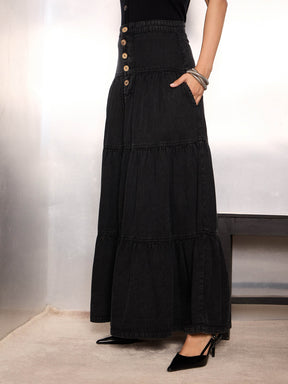 Black Washed Denim Tiered Maxi Skirt-SASSAFRAS