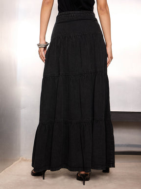 Black Washed Denim Tiered Maxi Skirt-SASSAFRAS
