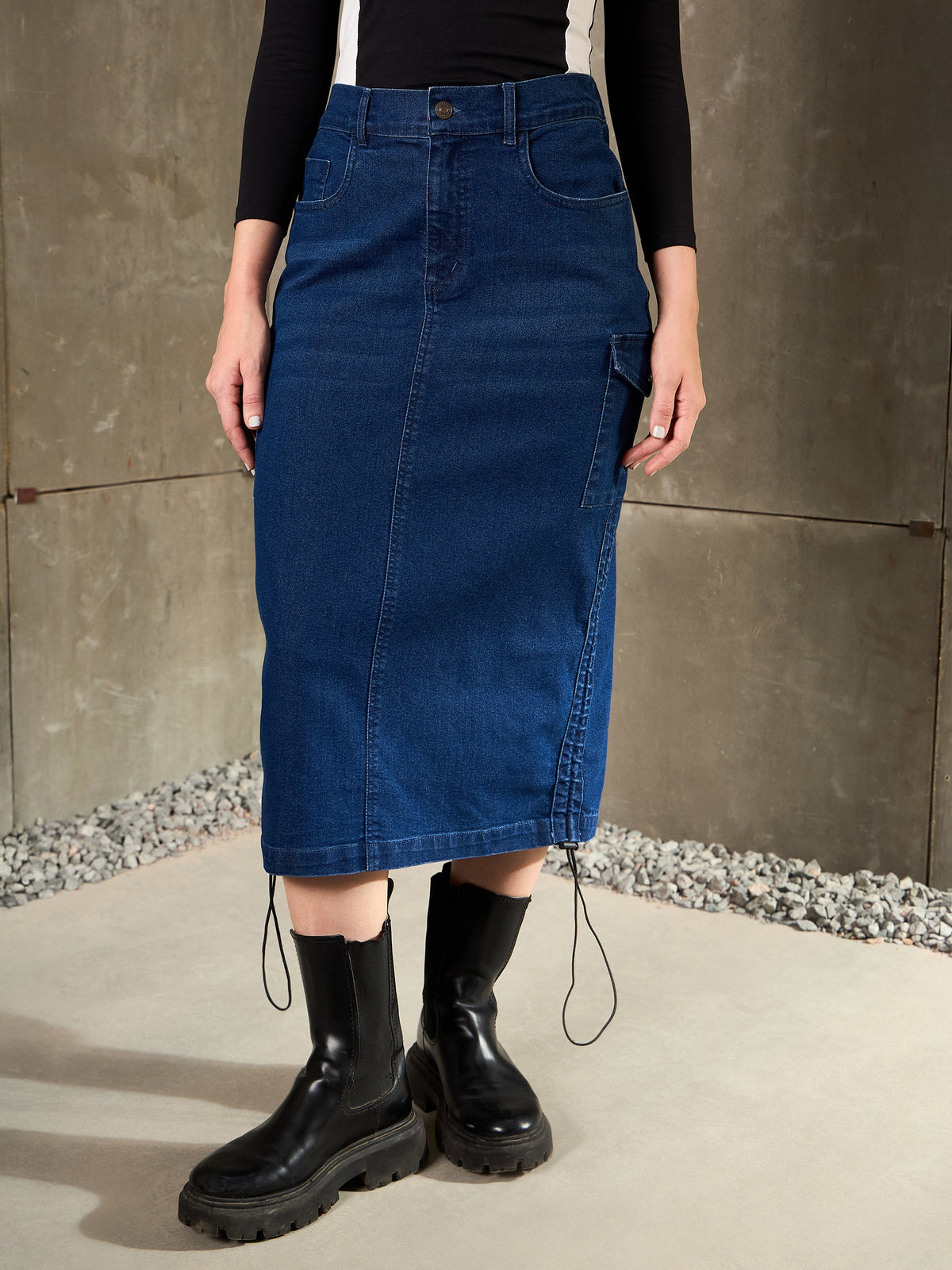 Navy Blue Denim Side Ruching Pencil Skirt-SASSAFRAS