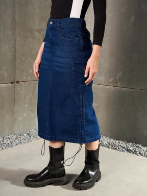 Navy Blue Denim Side Ruching Pencil Skirt-SASSAFRAS