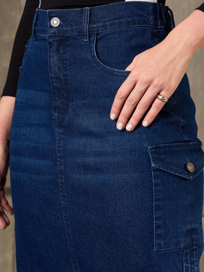 Navy Blue Denim Side Ruching Pencil Skirt-SASSAFRAS