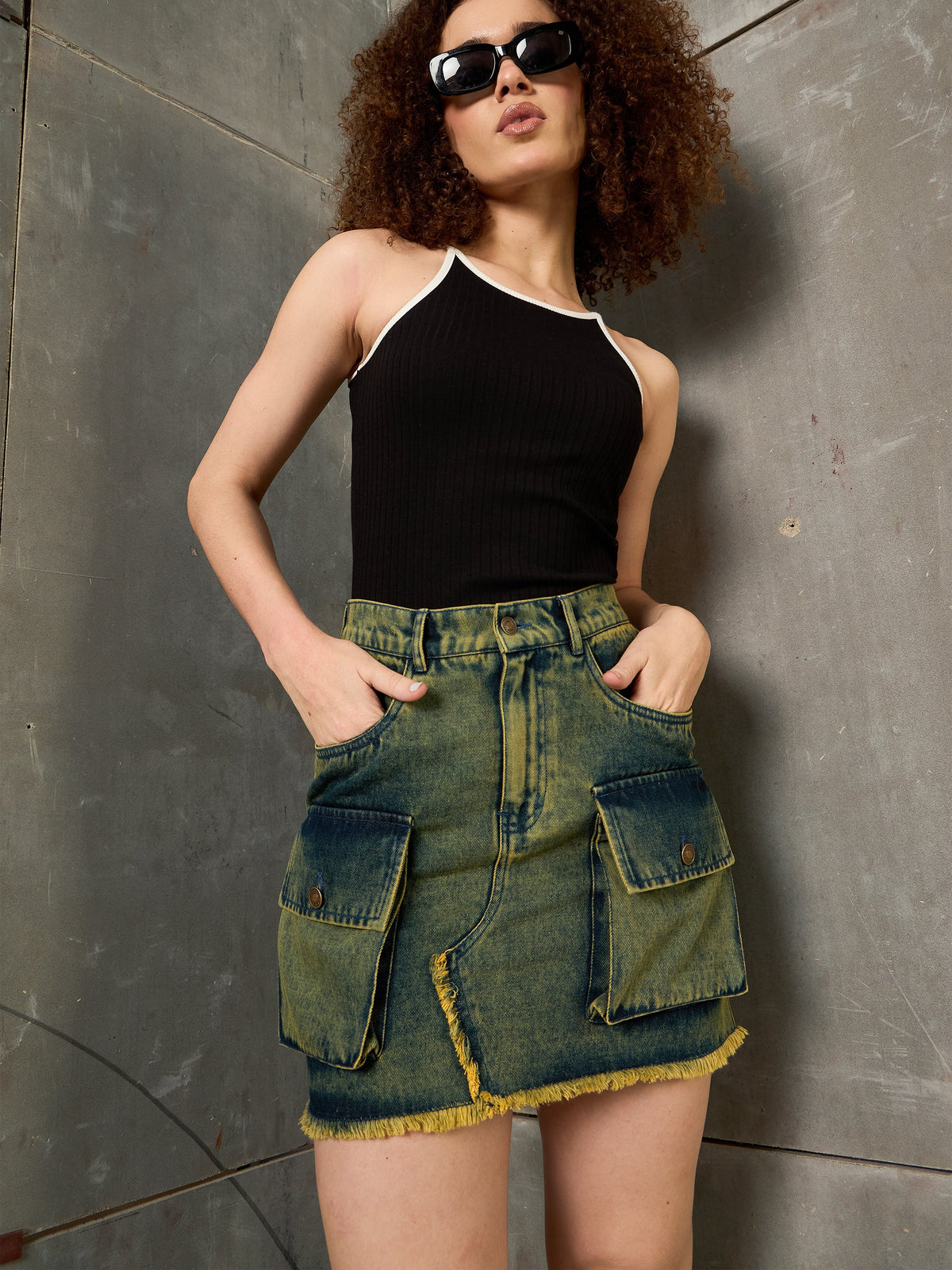 Green Washed Denim Fring Mini Skirt  -SASSAFRAS