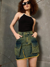 Green Washed Denim Fring Mini Skirt  -SASSAFRAS