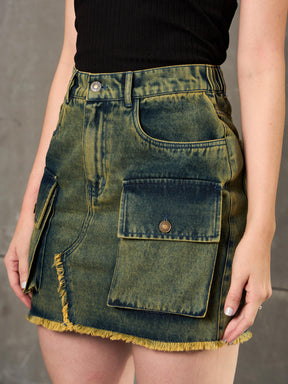 Green Washed Denim Fring Mini Skirt  -SASSAFRAS