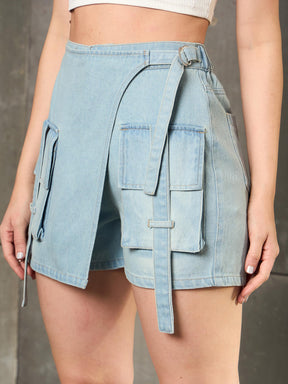 Blue Denim Wrap Tie-Up Skorts-SASSAFRAS