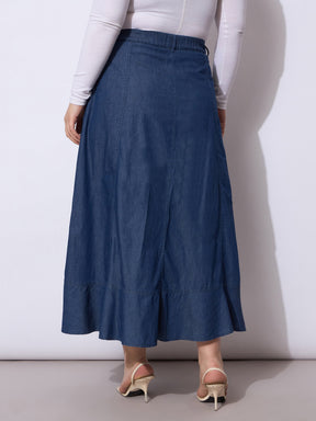 Blue Wash Tencil Frill Hem Skirt-SASSAFRAS Curve