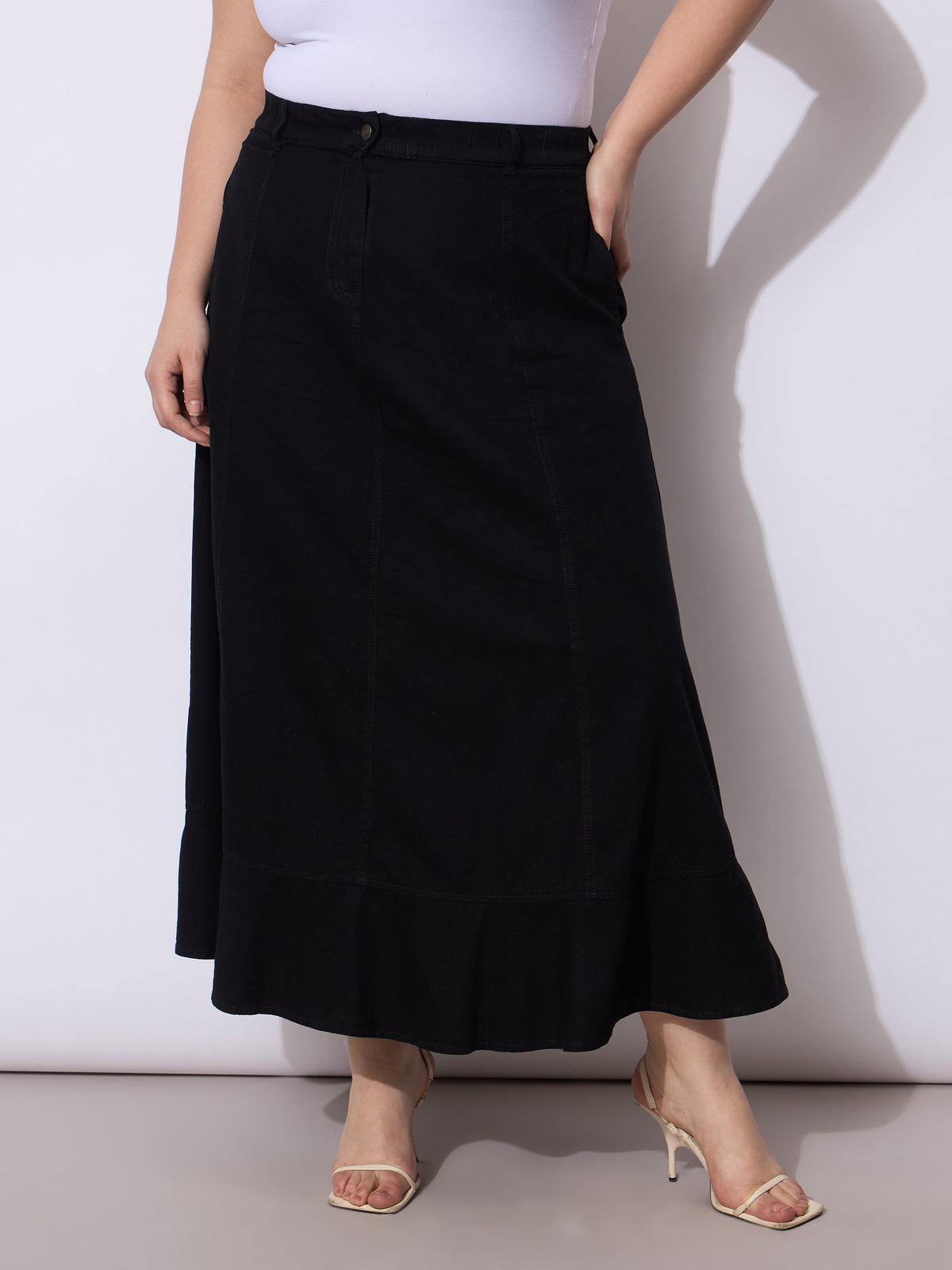 Jet Black Tencil Frill Hem Skirt-SASSAFRAS Curve