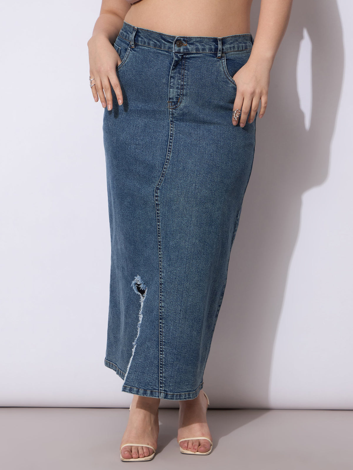 Blue Acid Denim Wash Front Slit Skirt-SASSAFRAS Curve