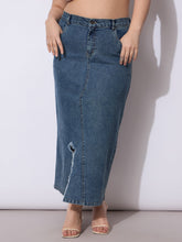 Blue Acid Denim Wash Front Slit Skirt-SASSAFRAS Curve