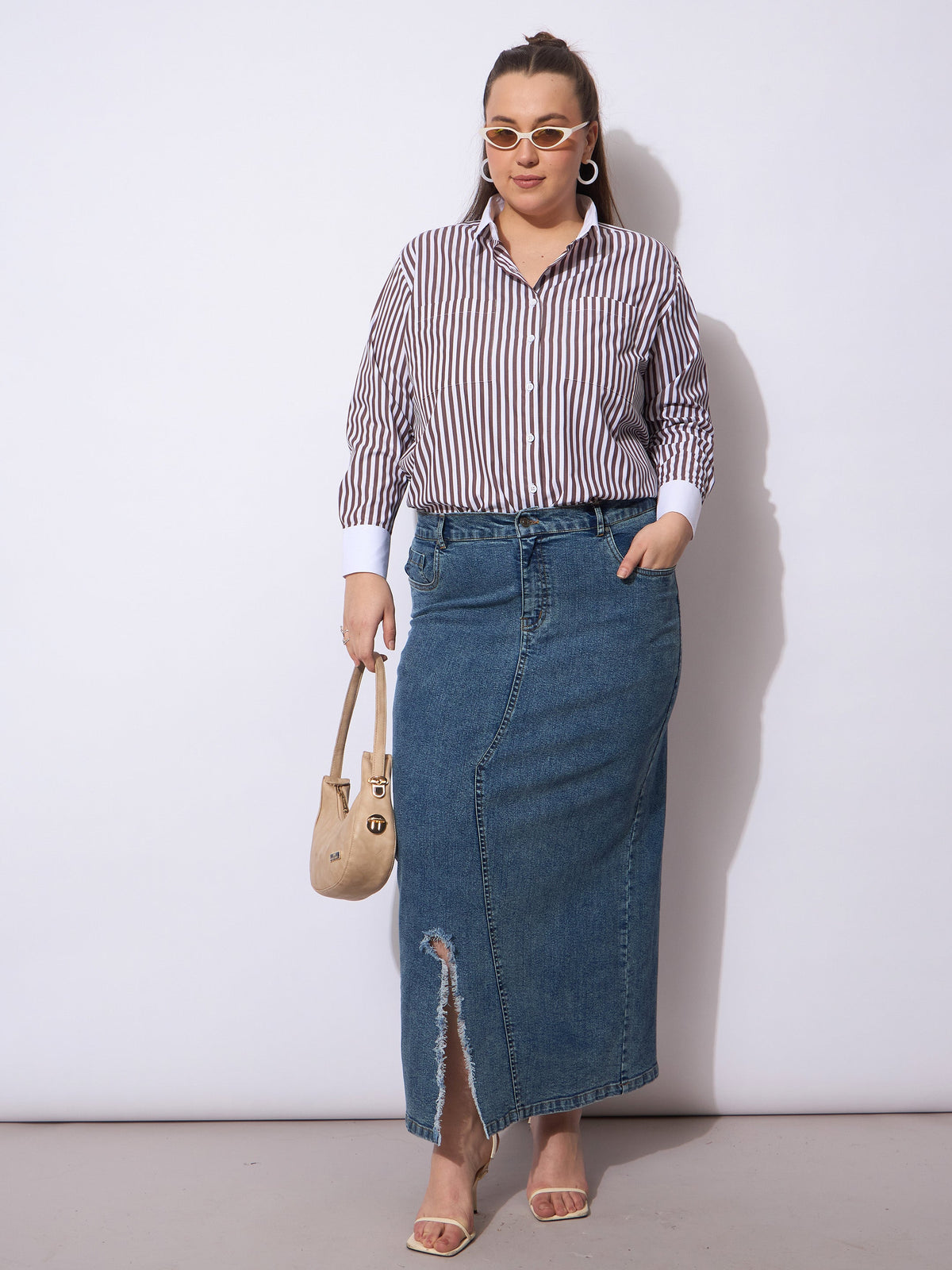 Blue Acid Denim Wash Front Slit Skirt-SASSAFRAS Curve