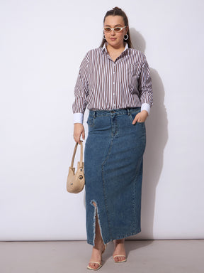 Blue Acid Denim Wash Front Slit Skirt-SASSAFRAS Curve